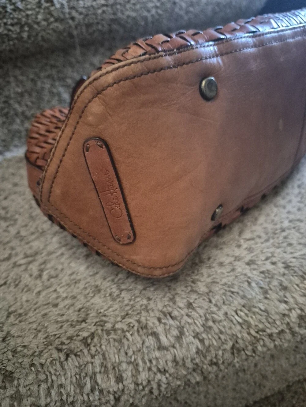 Cole Haan Genevieve Woven Leather Triangle Tote Hobo Bag Brown